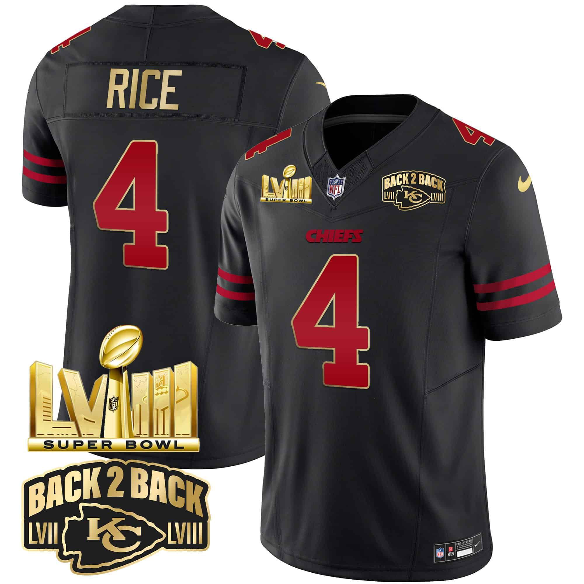 Men Kansas City Chiefs #4 Rice Black 2024 Nike Super Bowl LVIII & Back-2-Back Gold Patch Vapor NFL Jersey style 1